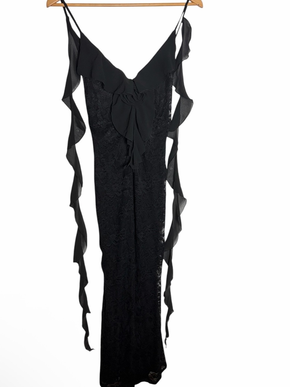 Black lace rosette chiffon fringe scrunch butt scoop back maxi dress size S